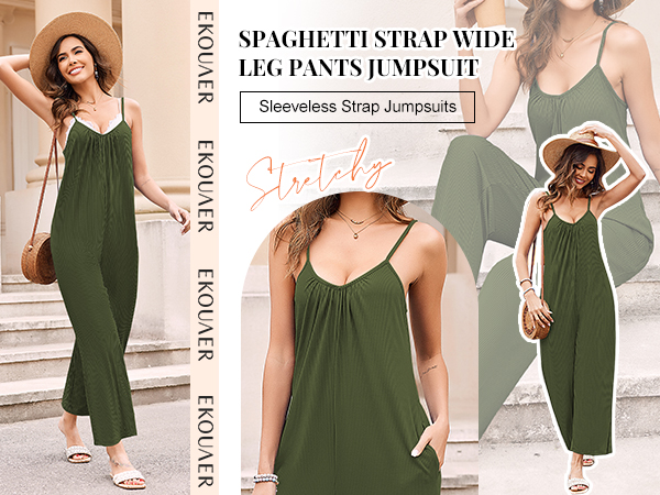 v-Neck spaghetti strap jumpsuit boho stretchy vacation soft overalls jumpsuit 