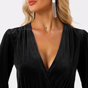 Allegra K Velvet Deep V Neck Bodysuit for Women''s Long Sleeve Wrap Vintage Leotard Bodysuit Top