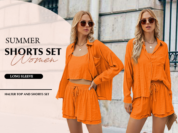 Women 3 Piece Outfits Crop Cami Top Shorts with Button Cover Up Sweatsuit Set