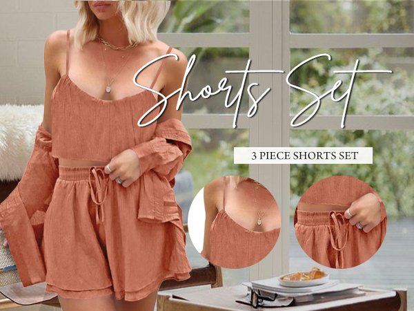 Summer 3 Piece Outfits Solid Button Down Shorts Set with Halter Crop Top