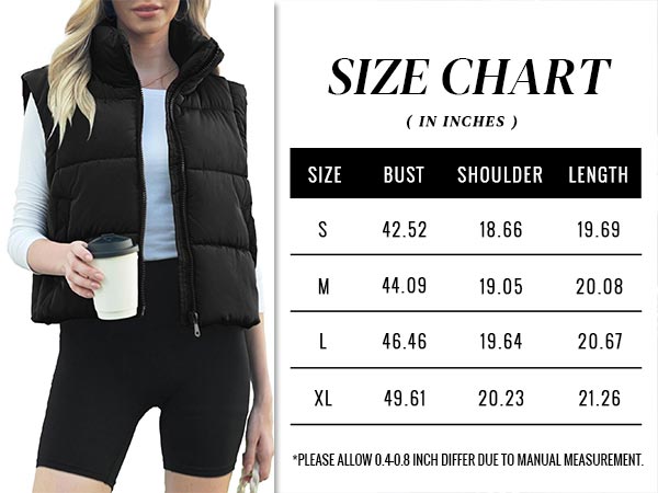 polu short puffer vest for women size chart