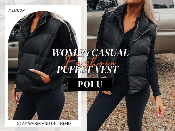 Polu women puffer vest winter short sleeveless down vest gilet stand collar zip up jackets