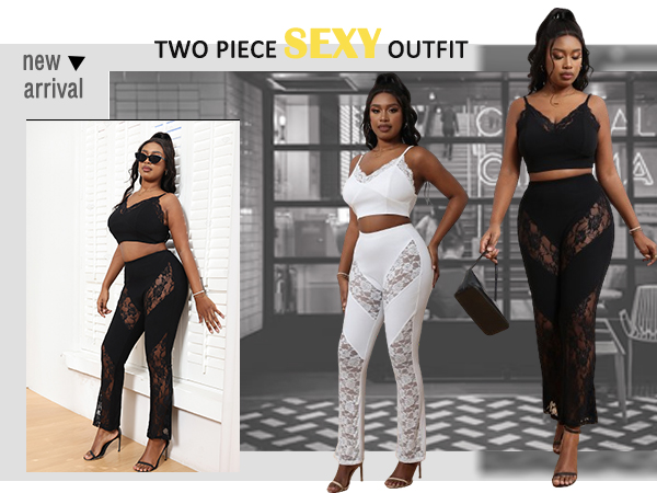 Women Sexy 2 Piece Outfits Lace Sleeveless Top High Waist Stretch Long Pants Set