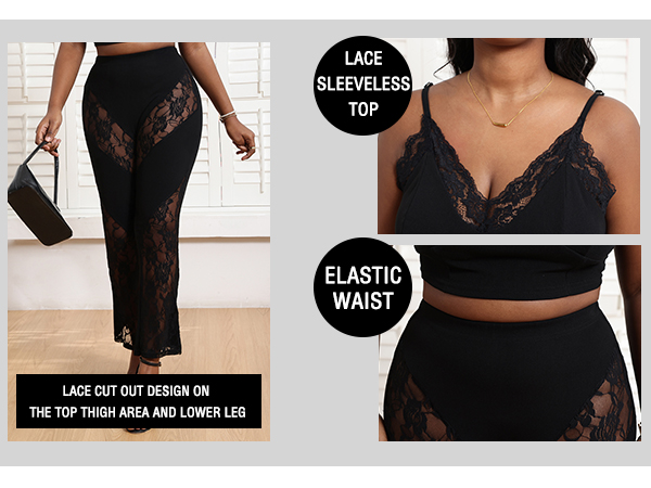 Women''s Two Piece Outfits Sexy Camisole Lace Tops Casual Flare Bell Bottom Long Pant Sets