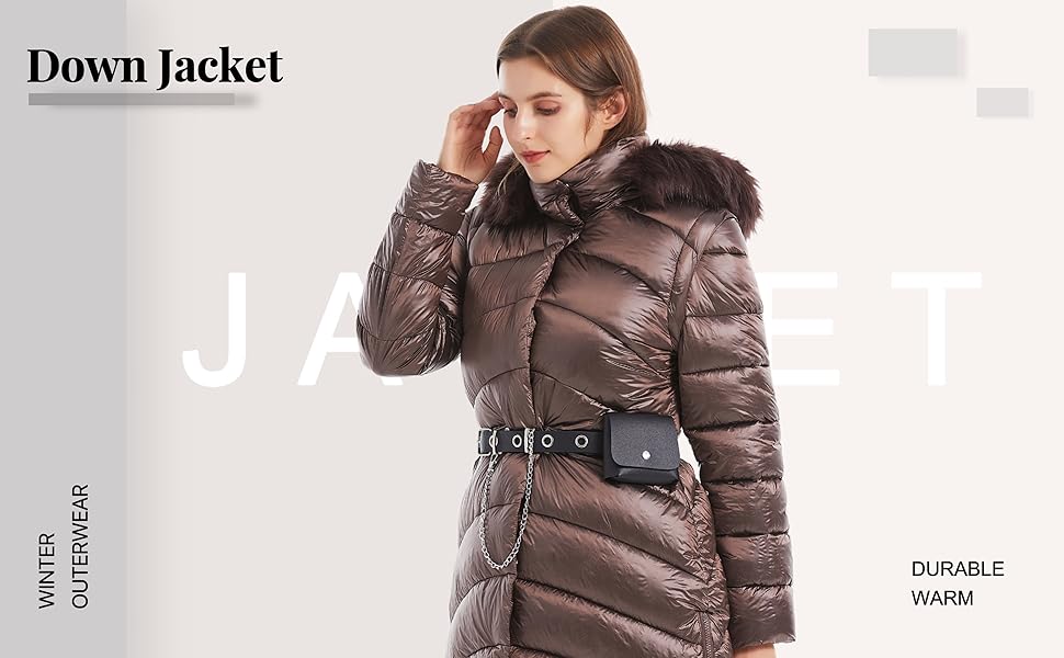 Women''s hooded lightweight down jacket with belt