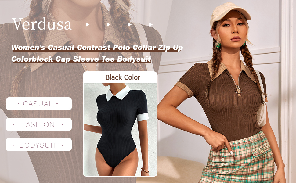 Verdusa Women''s Colorblock Short Sleeve Collar Ribbed Skinny Bodysuit Top