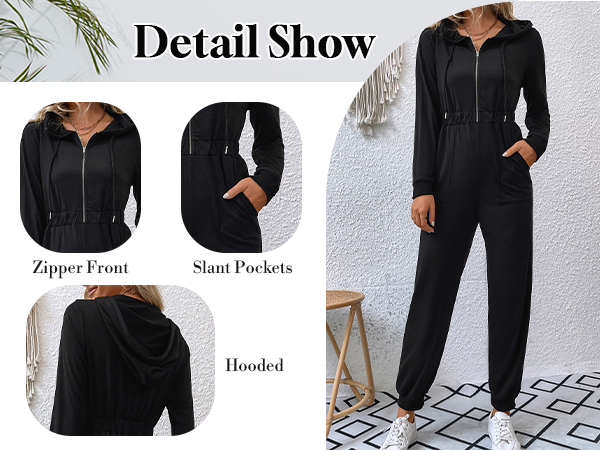 Women''s Long Sleeve Zip Up Drawstring Hooded Jumpsuit Pants Romper with Pockets