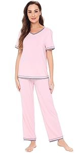 Bamboo Comfy Pajama Set Stretchy Loungewear Pjs Short Sleeves Top with Pants