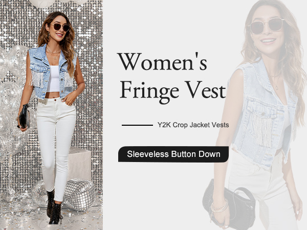  Kissonic Women''s Fringe Distressed Denim Vest Y2k Crop Frayed Hem Sleeveless Jean Jacket…