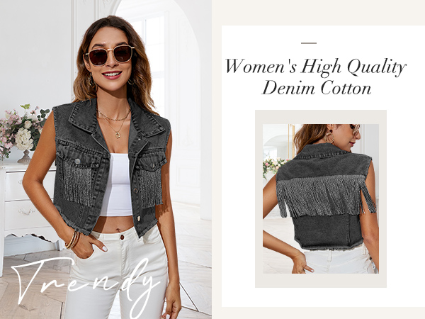  Kissonic Women''s Fringe Distressed Denim Vest Y2k Crop Frayed Hem Sleeveless Jean Jacket