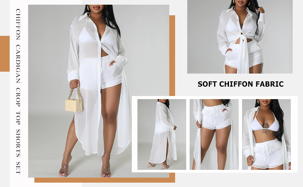 3 Piece Outfits for Women Chiffon Cardigan Sexy Bikini Crop Top Short Set Summer Beach Swimsuits