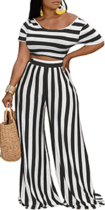 2 Piece Wide Leg Outfits for Women Short Sleeve Stripe Crop Top Wide Leg Palazzo Pants Outfits