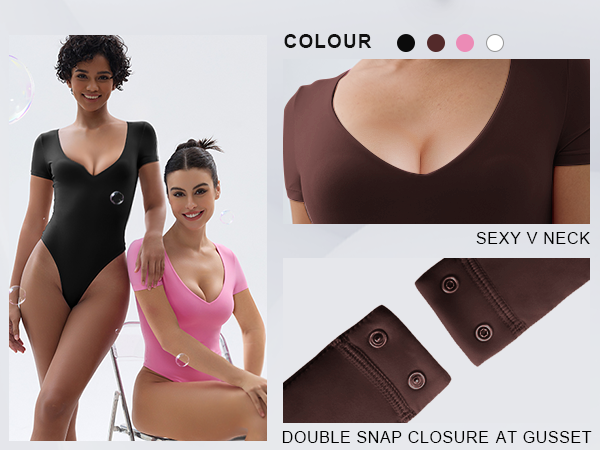 SHAPERX Bodysuit for Women Fit Everybody V Neck Short Sleeve T-shirt Tops with Thong Design