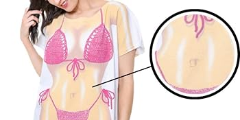 WOMEN''S FUNNY BIKINI COVERUP WITH BODY PRINT FUCHSIA MACRAME - REAL BELLY RING!