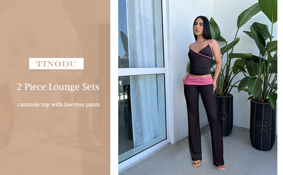 Sexy 2 Piece Lounge Set Outfit Crop Top and Low Rise Flare Pants