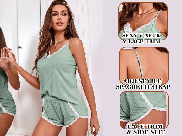 Womens Pajama Sets Soft Lingerie Sleepwear 2 Piece Cami Shorts Set V Neck Pj Lace Nightwear