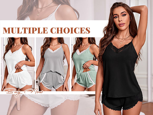 Womens Pajama Sets Soft Lingerie Sleepwear 2 Piece Cami Shorts Set V Neck Pj Lace Nightwear