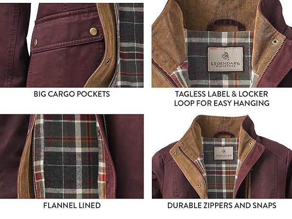 Big pockets, cargo pockets, tag less label, flannel lined, durable zippers and snaps, locker loop