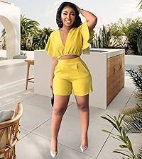 Sexy yellow 2 piece outfits for women summer short sleeve Sweatsuits tracksuits sets