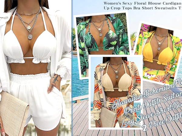 3 Piece Outfits for Women Cover Up Shorts with Tank Crop Top Beachwear