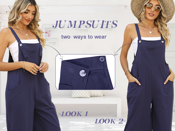 Women''s Cotton Bib Overalls Casual Wide Leg Jumpsuit Baggy Sleeveless Rompers