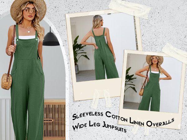 Women''s Cotton Bib Overalls Casual Wide Leg Jumpsuit Baggy Sleeveless Rompers