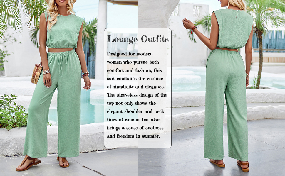 Sleeveless Summer Outfits Wide Leg High Waisted Womens With Pockets Baggy Plain Matching Lounge