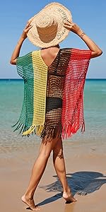 rainbow hollow out short dress tassel cover up