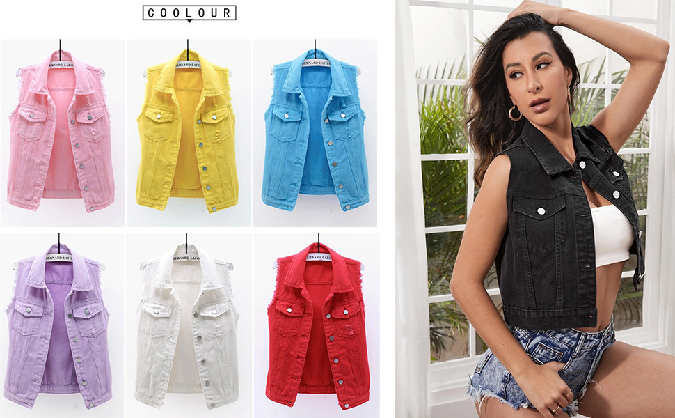 Womens Candy Color Slim Fit Sleeveless Distressed Denim Jean Vest Jacket 