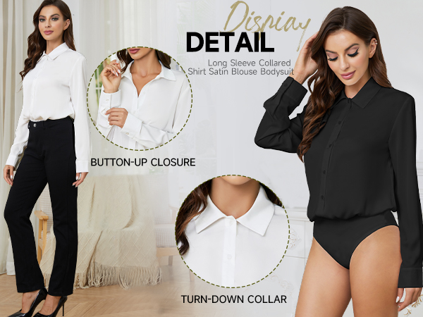 Women Button Down Bodysuit Long Sleeve Collared Shirt Satin Blouse Body Suit Dressy Business Casual 