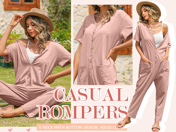 Oversize Women''s Onesies Button Up Jumpsuit Casual Loose Short Sleeve V Neck Rompers With Pockets