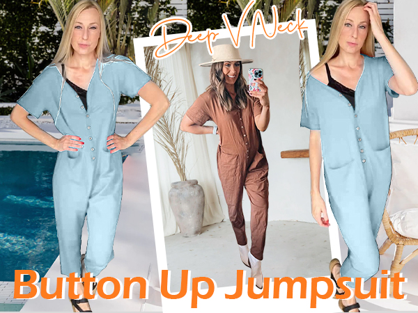 Oversize Women''s Onesies  Button Up Jumpsuit Casual Loose Short Sleeve V Neck Rompers With Pockets