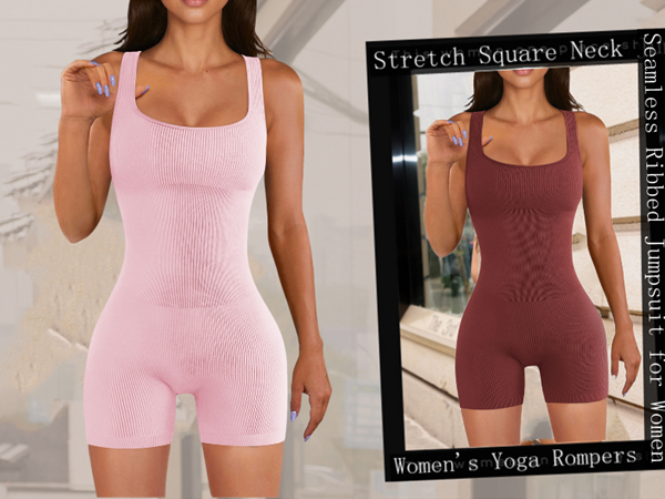 Seamless Ribbed Jumpsuit for Women Square Neck Tank Top