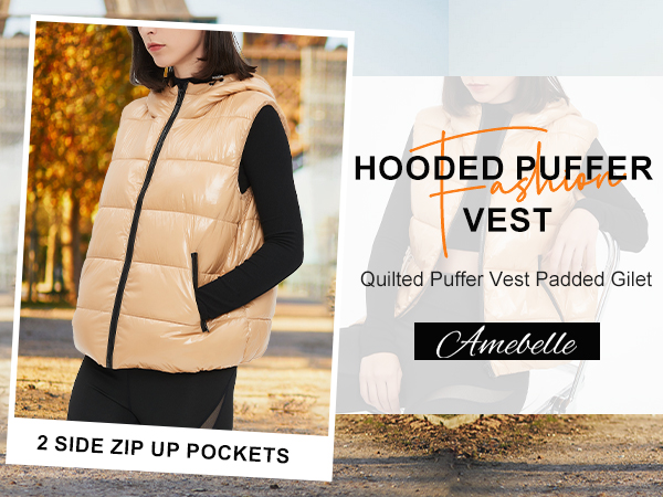  Metallic Shiny Hooded Puffer Vest for Women