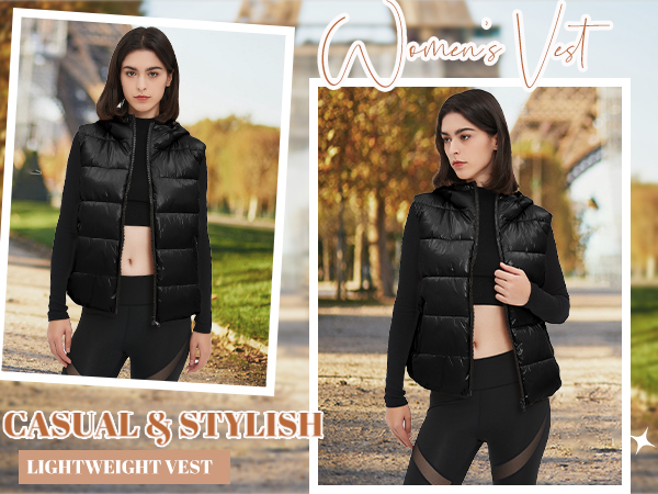 Black Zip Up Puffer Vest for Women