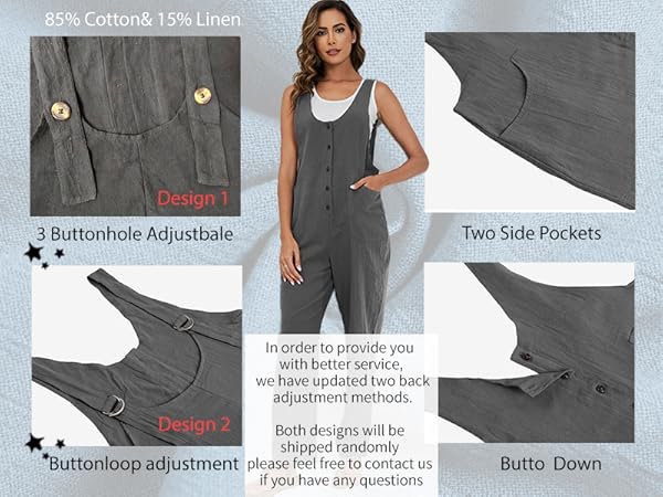 Womens Cotton Linen Overalls Adjustable Straps Jumpsuits Casual Loose Jumpers Sleeveless Pockets