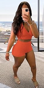 Summer sexy orange two piece outfits for women shorts tracksuits Sweatsuits sets