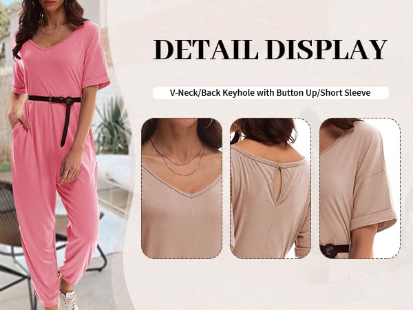 Nirovien Women''s Solid Color V Neck Jumpsuits Beam Foot Baggy Overalls Pants