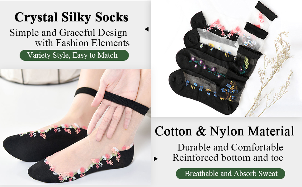 crystal silky socks with embroidery flower