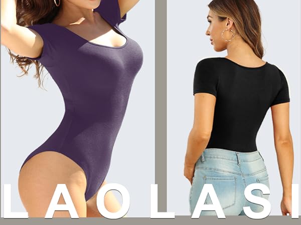 LAOLASI Women''s Scoop Neck Bodysuit Short Sleeves Slim Fit Basic Stretchy Sexy Body suit 