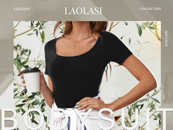 LAOLASI Women''s Scoop Neck Bodysuit Short Sleeves Slim Fit Basic Stretchy Sexy Body suit