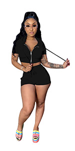 Womens 2 Piece Outfits Summer Solid Color Zipper Hoodie Tops and Short Pants Workout Sets Sportswear