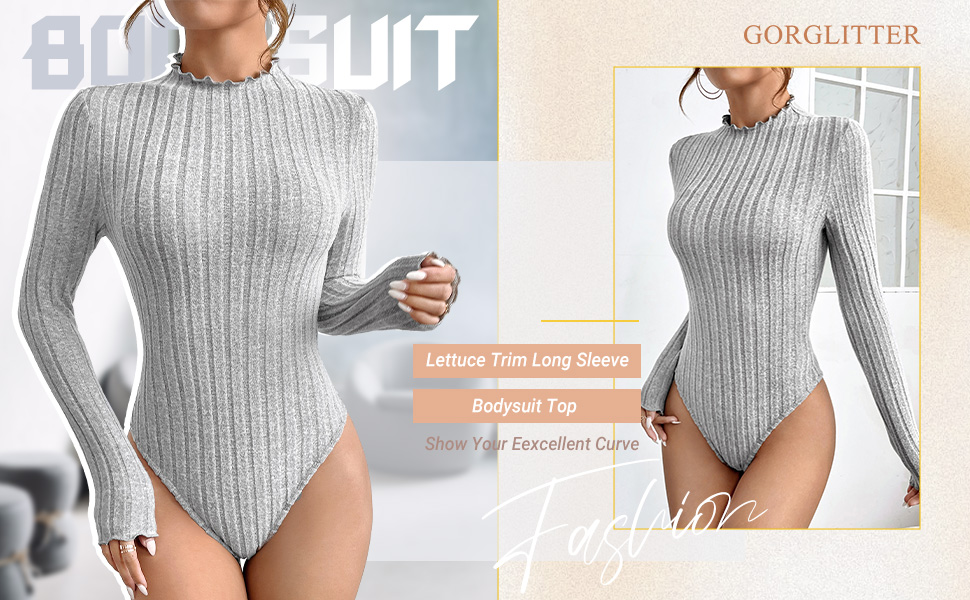 Rib Knit Leotard Top mock Neck Long Sleeve Solid Bodysuit