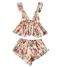 Floral Print Mesh Ruffled Pajama Sets