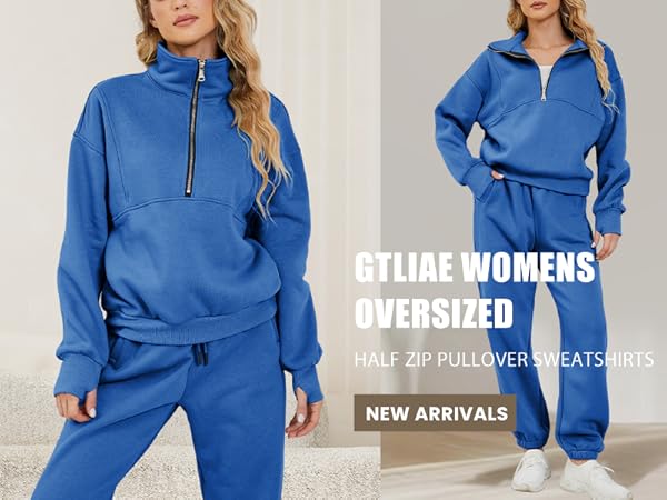 Fleece Two Piece Outfit Half Zip Sweatshirt And Joggers Pants Set Tracksuit