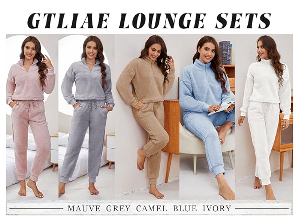 Womens Fuzzy Sherpa Pajamas Set Winter Warm Plush Fleece Lounge Sets 2 Piece Outfits Loungewear