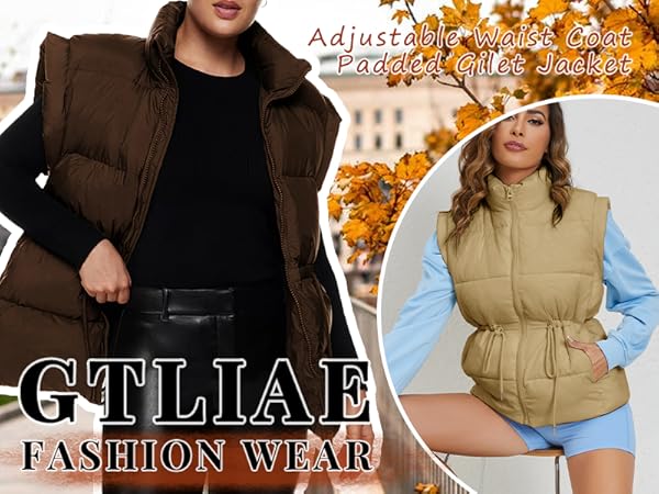 Women''s Quilted Puffer Vest Lightweight Zip Up Stand Collar Adjustale Waist Padded Gilet Coat