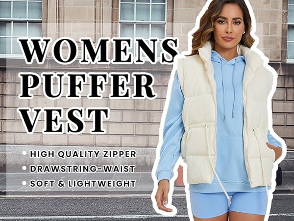 Women''s Quilted Puffer Vest Lightweight Sleeveless Drawstring Jackets with Pockets