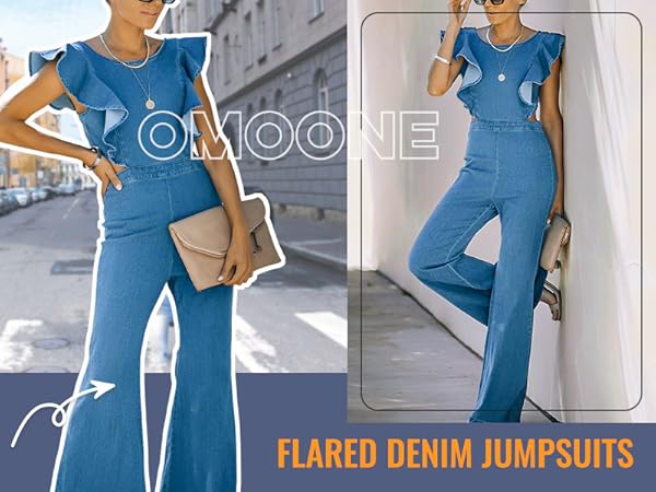 Women''s Sexy Ruffled Denim Jumpsuits Solid Wide Leg Long Romper Pants Clubwear 