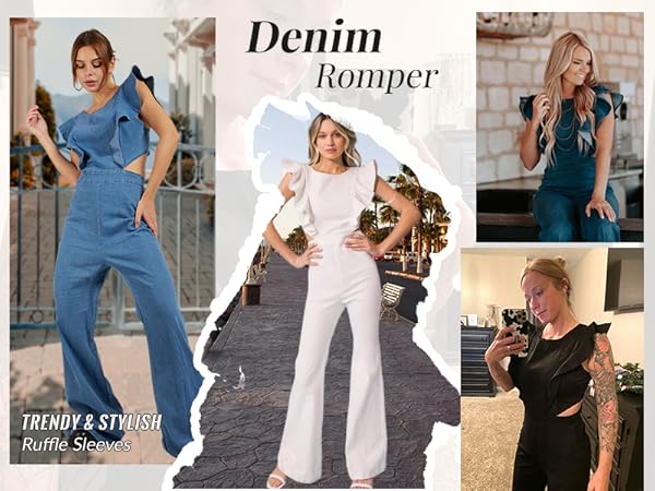 Women''s Sexy Ruffled Denim Jumpsuits Solid Wide Leg Long Romper Pants Clubwear 